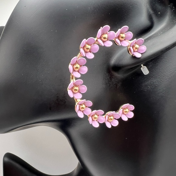 Nicole Miller - Pink Flower 14k Gold Plated Hoop Earrings - Picture 2 of 6